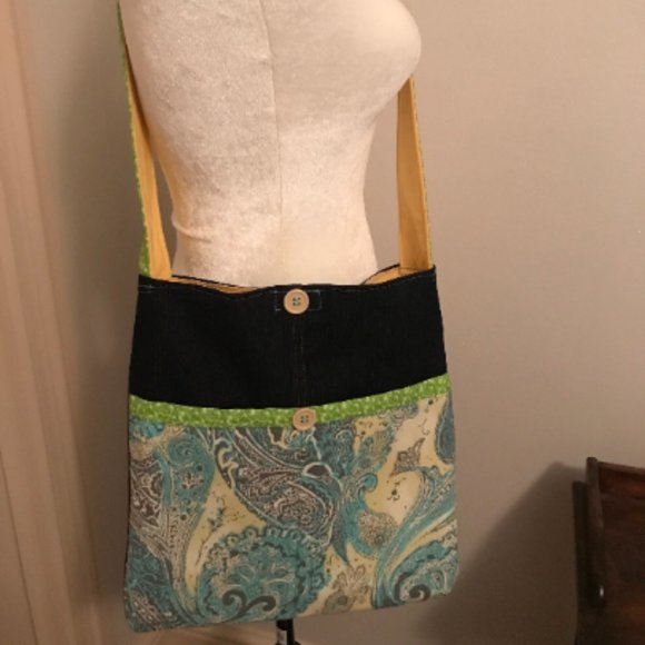Paisley Jean Purse~Handmade~Denim~Green~Yellow - Picture 3 of 5